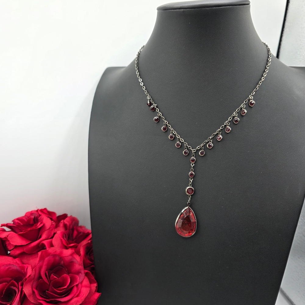 Robert Rose Silver Tone Red Rhinestone Teardrop Y-Necklace‎ Gothic Statement